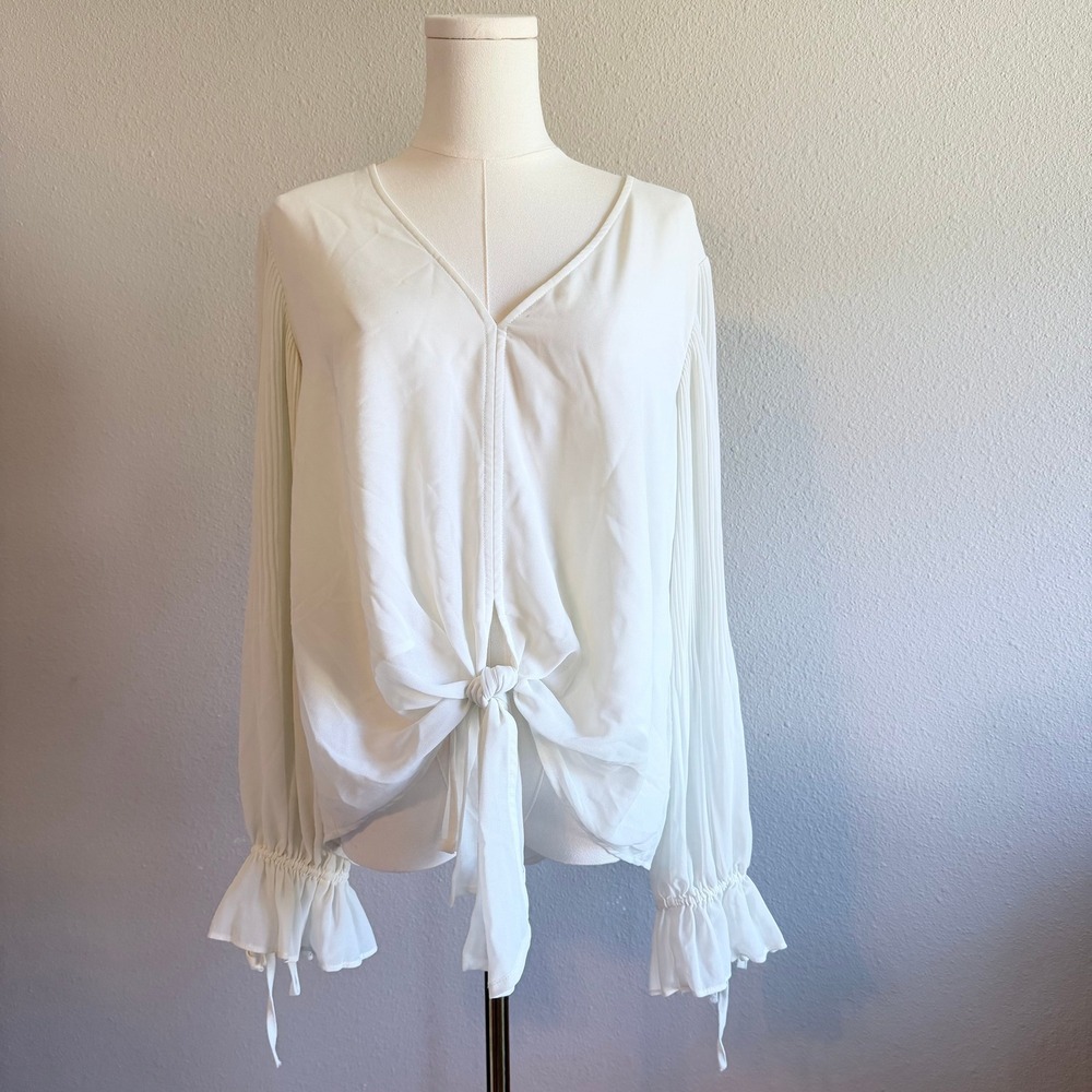 Romantic White Pleated Sleeve Tie Front Blouse Boho Cottagecore Top Small